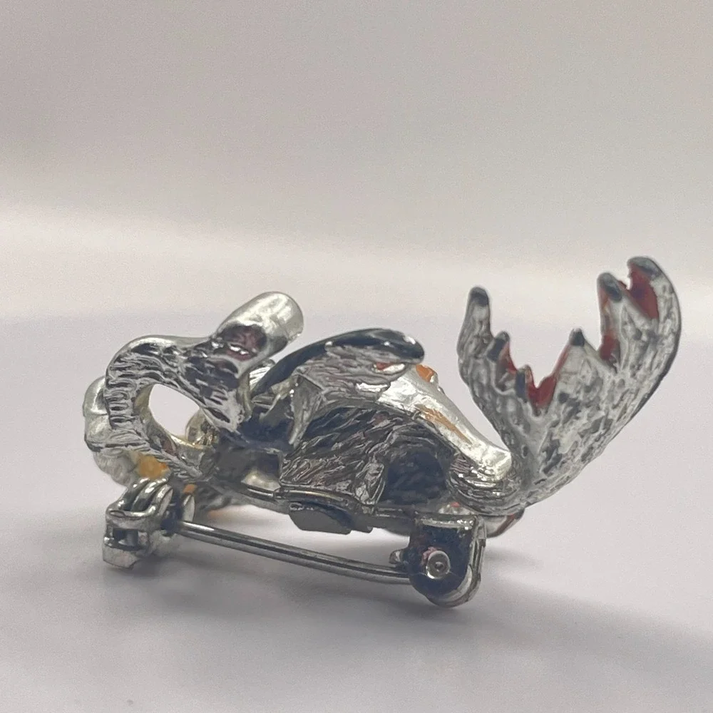 Vintage Silver Tone Enamel Fish Brooch Green Rhinestone Eye Bubble Pin 70s
